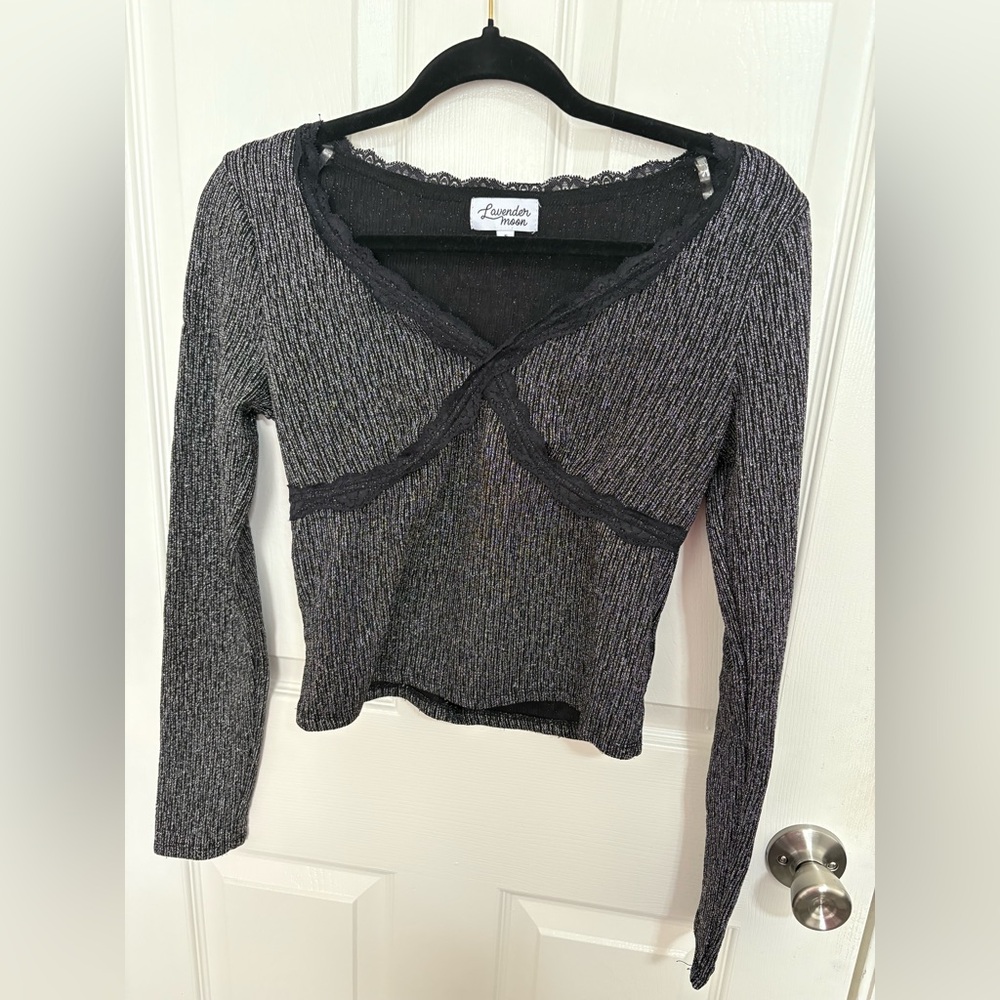 Lavender Moon Metallic Ribbed Lace Trim Long Sleeve Top